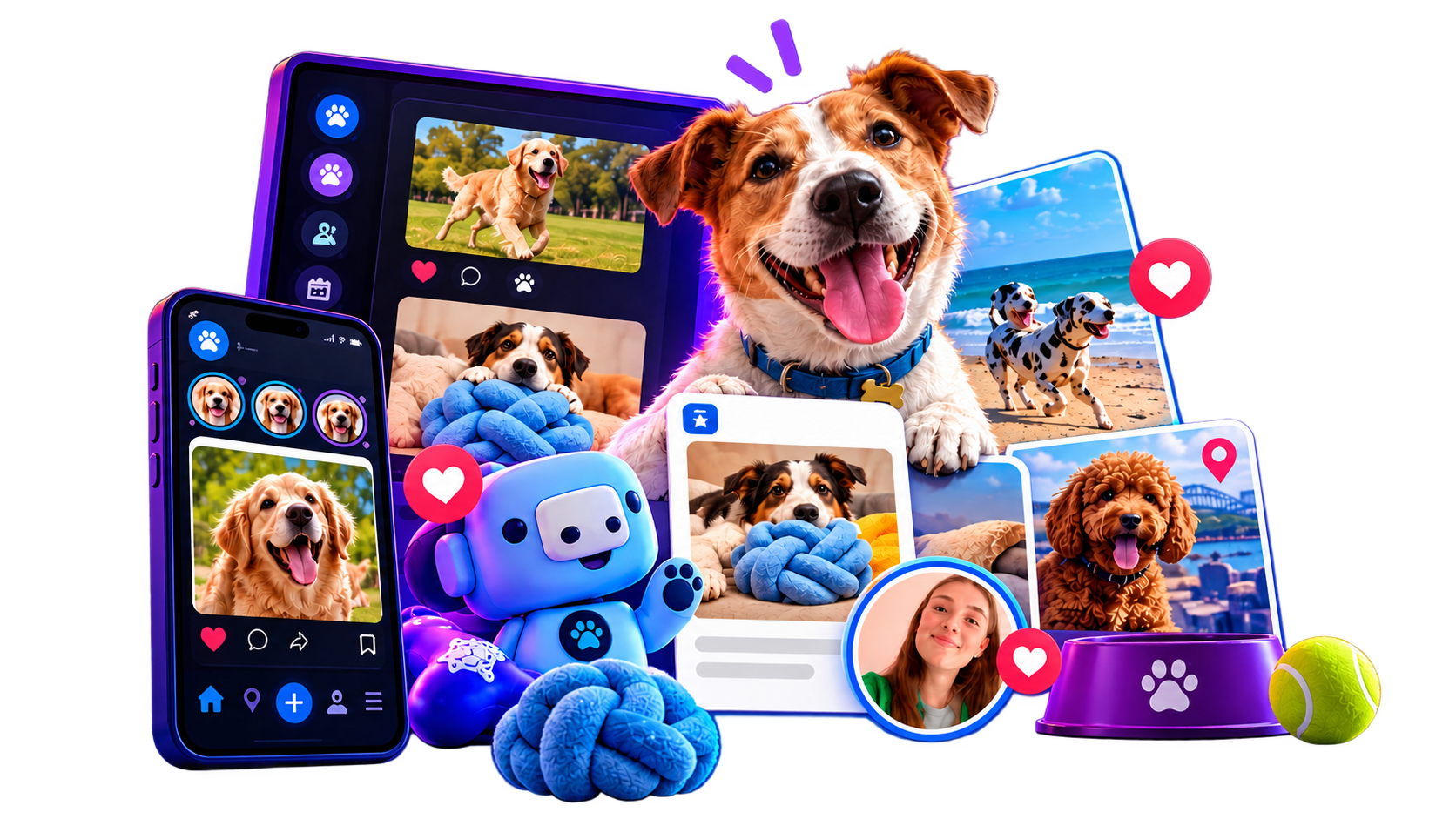 Dogs, people and a dog-focused social network shown across connected devices